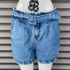 Andreza Chagas Luxury Paperbag Denim Shorts Belted Blue Women's Size 42 US 10 L